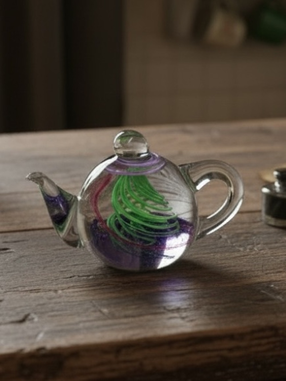 Vintage Handblown Glass Teapot paperweight Sculpture - Purple & Green